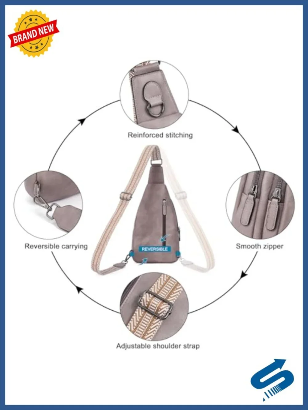 Faux Leather Sling Backpack Crossbody Bag for Women Men, Adjustable Strap,